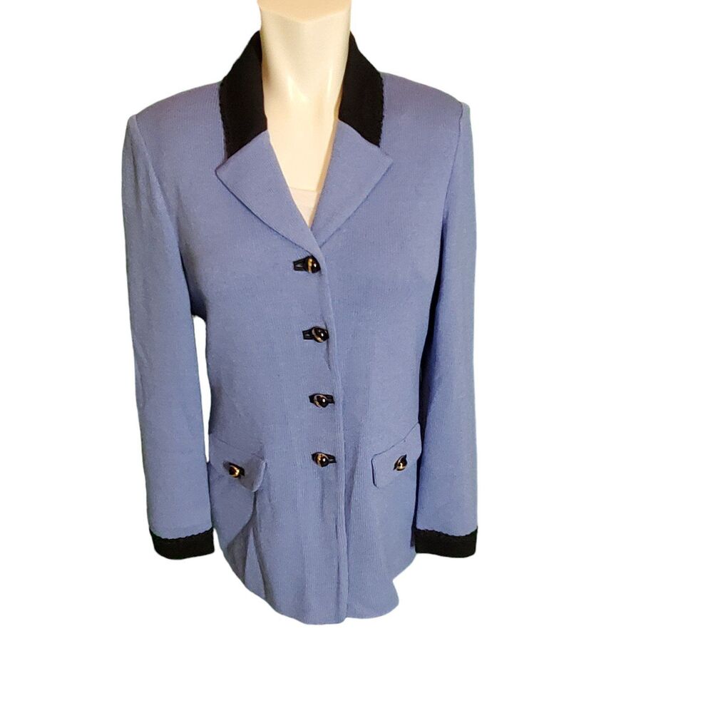St. John Coll. Vintage Wool Knit Jacket Blazer Ornate Buttons Blue Black Sz 4